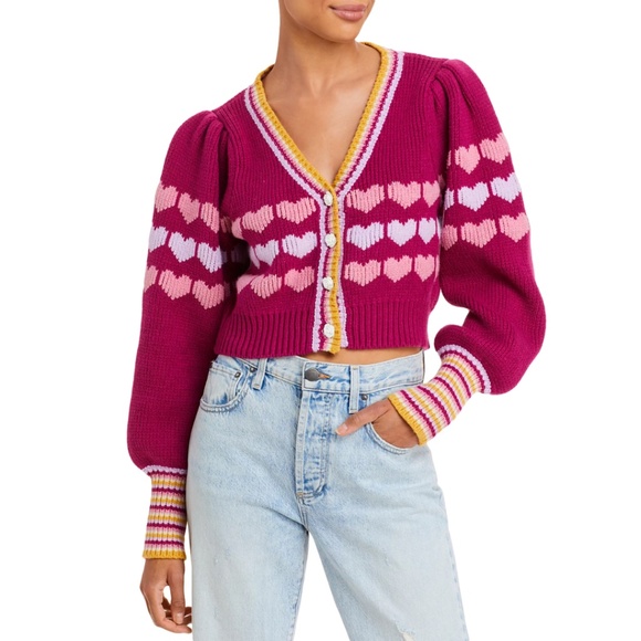 LoveShackFancy Buena Heart Print Cropped Cardigan in Warm Heart - Picture 10 of 16